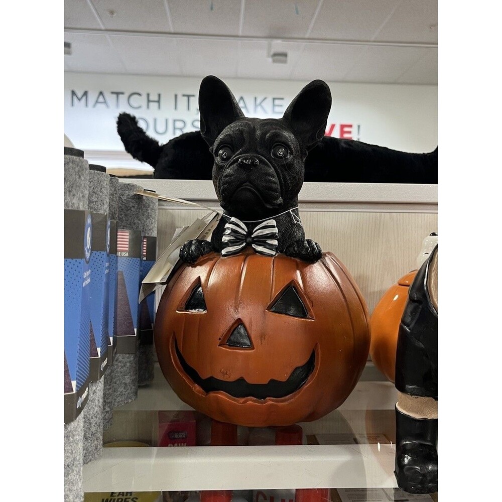 Halloween Frenchie Bulldog Dog Light Up Pumpkin Statue Decor